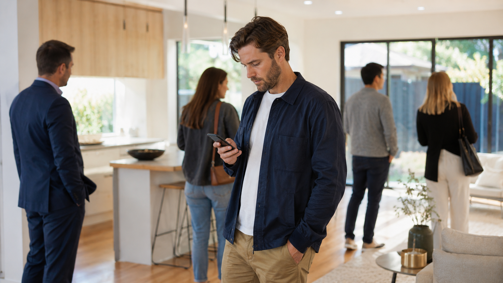 Buyer using phone at a busy open home inspection in Australia